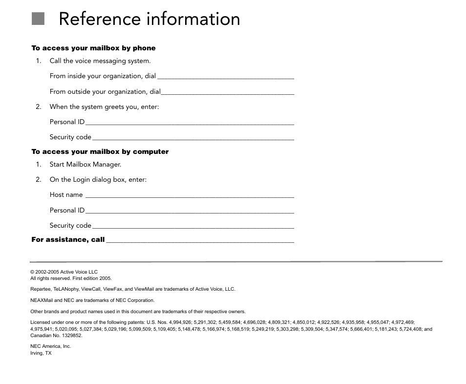 Nreference information | NEC NEAXMail AD-64 User Manual | Page 2 / 154