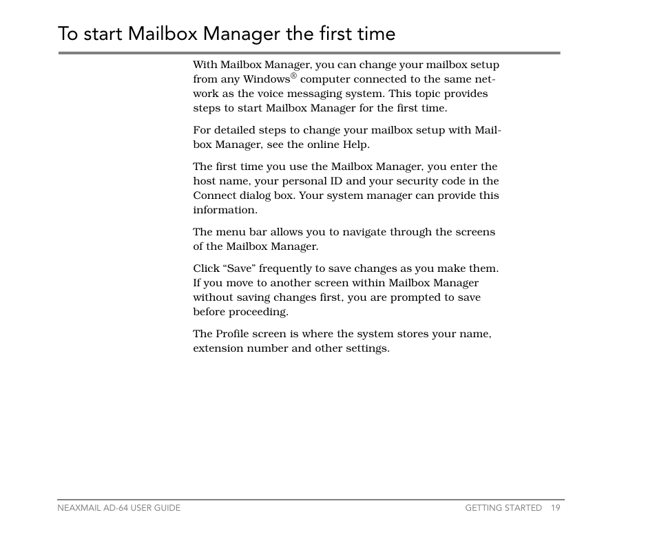 To start mailbox manager the first time | NEC NEAXMail AD-64 User Manual | Page 23 / 154