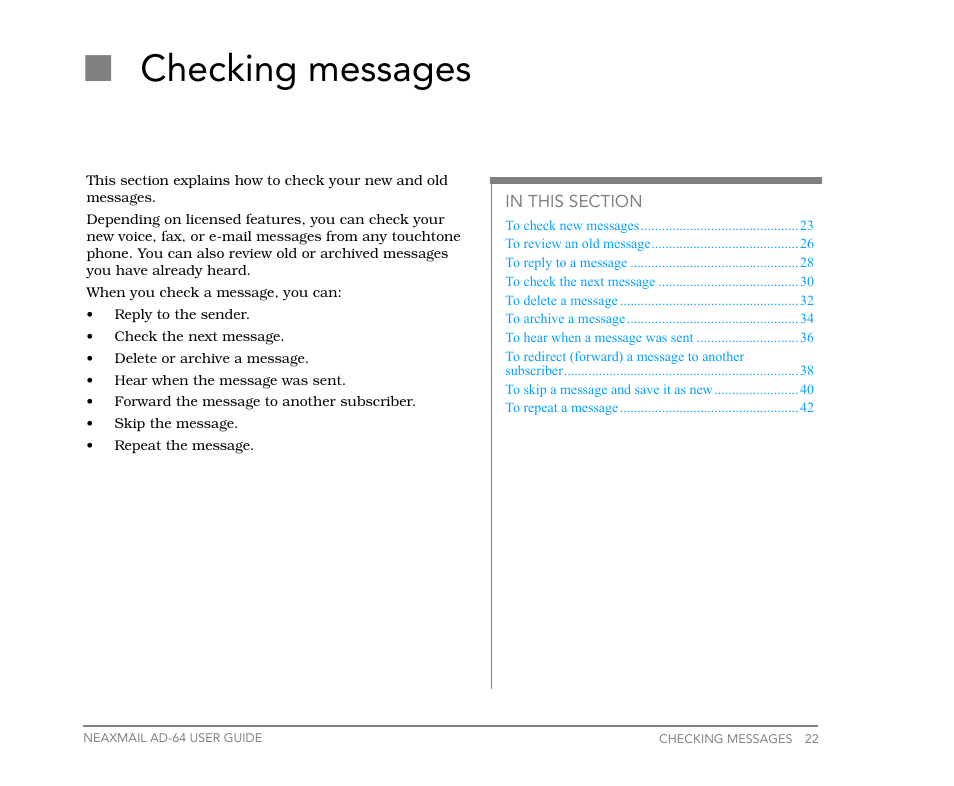 Checking messages, Nchecking messages | NEC NEAXMail AD-64 User Manual | Page 26 / 154