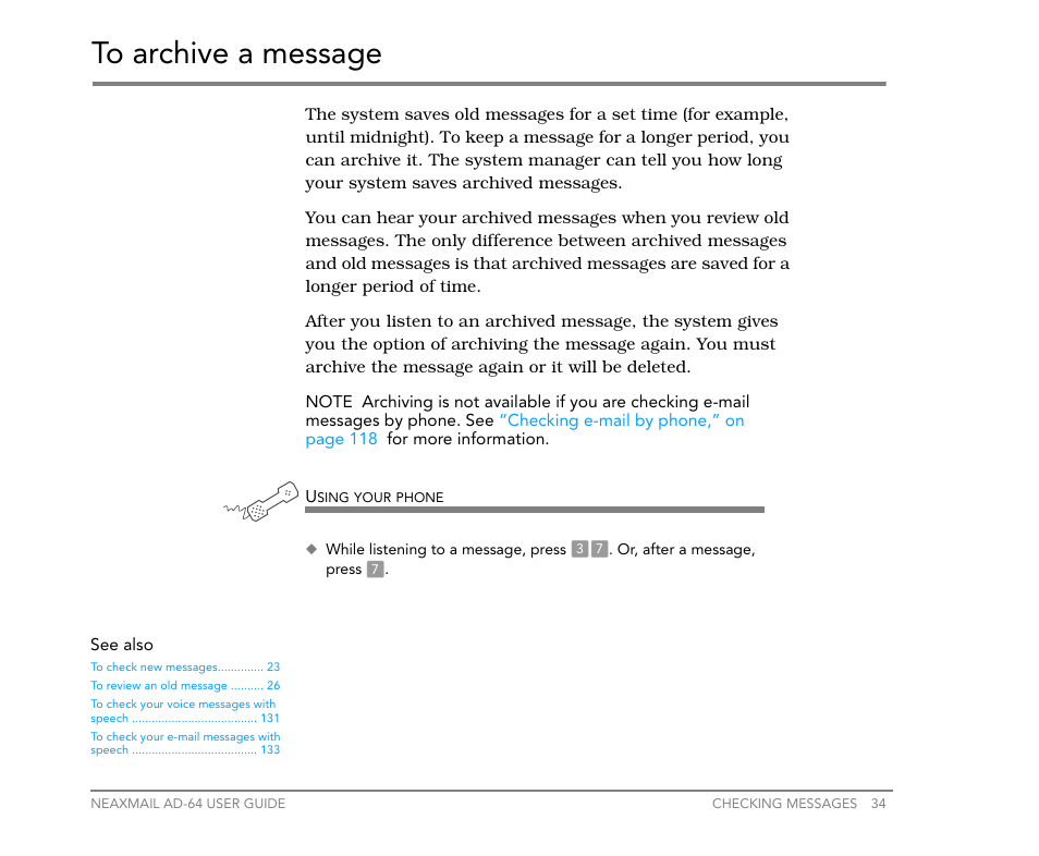 To archive a message | NEC NEAXMail AD-64 User Manual | Page 38 / 154