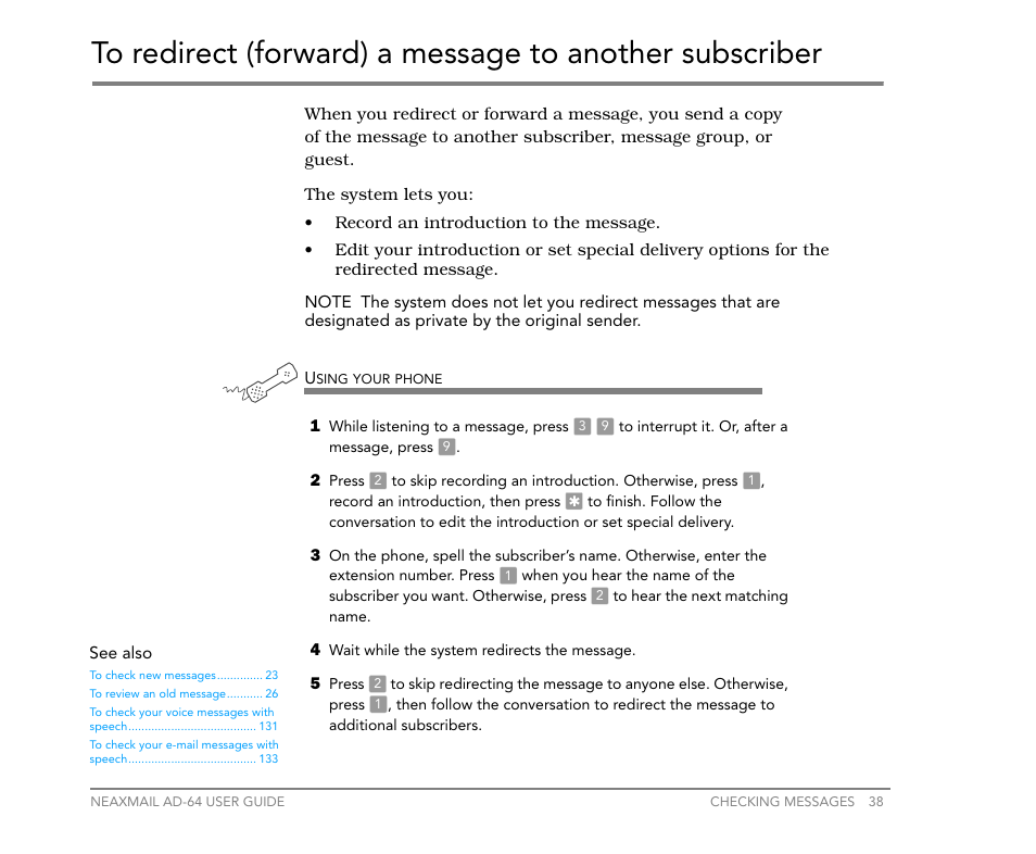 To redirect (forward) a message to another, Subscriber | NEC NEAXMail AD-64 User Manual | Page 42 / 154