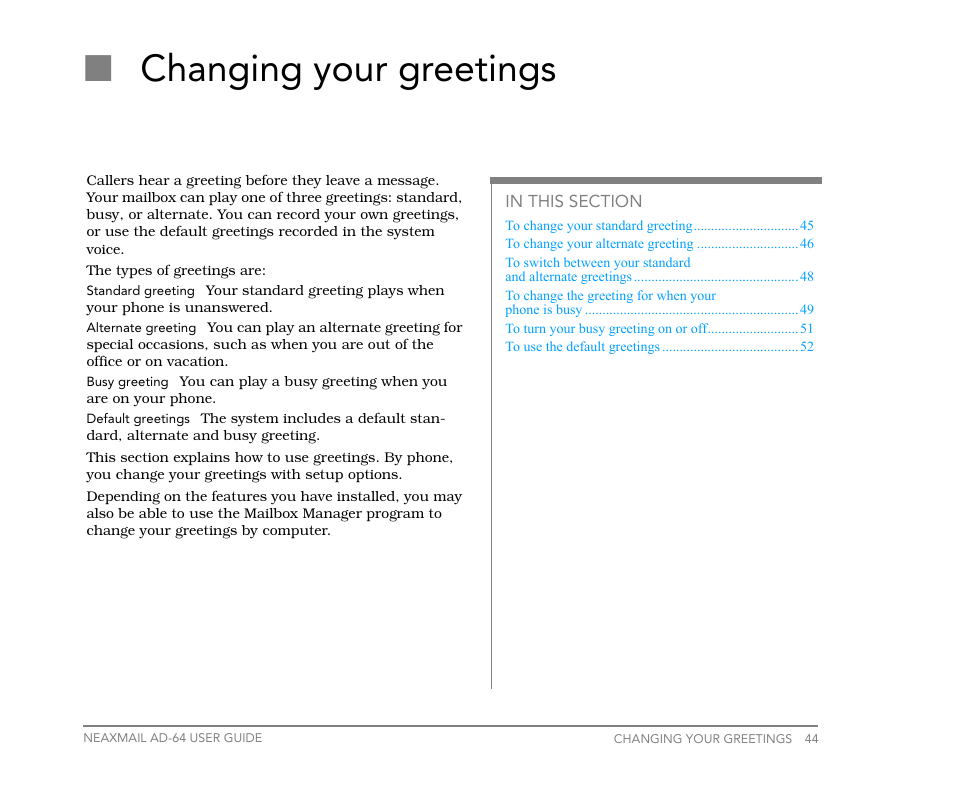 Changing your greetings, Nchanging your greetings | NEC NEAXMail AD-64 User Manual | Page 48 / 154