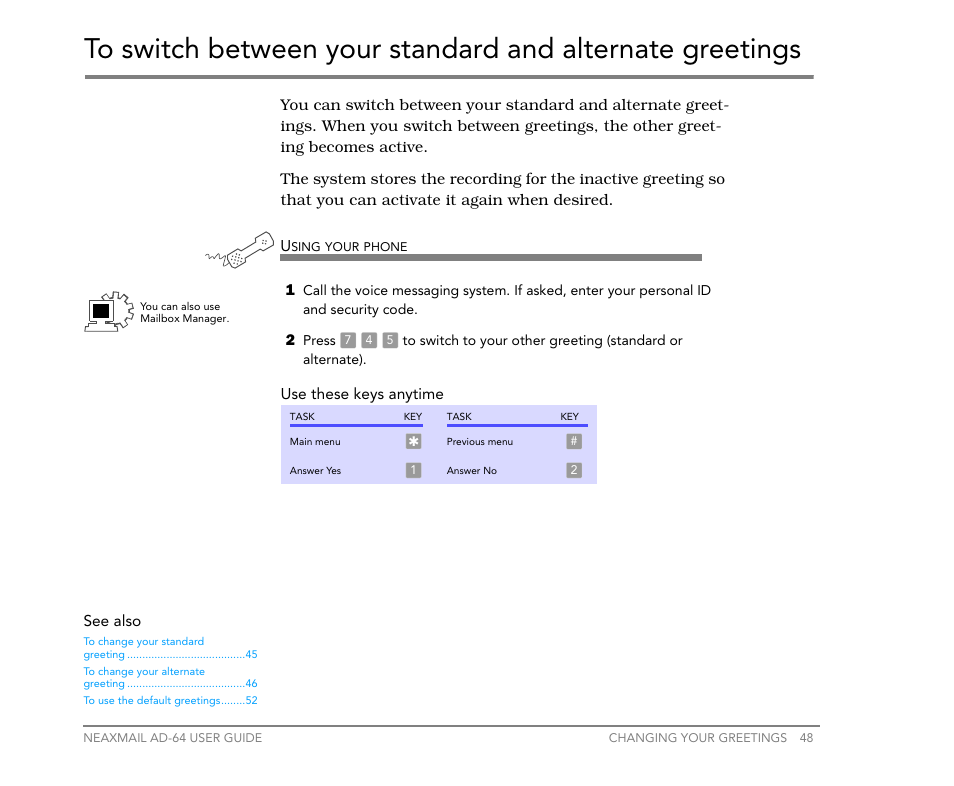 To switch between your standard, And alternate greetings | NEC NEAXMail AD-64 User Manual | Page 52 / 154