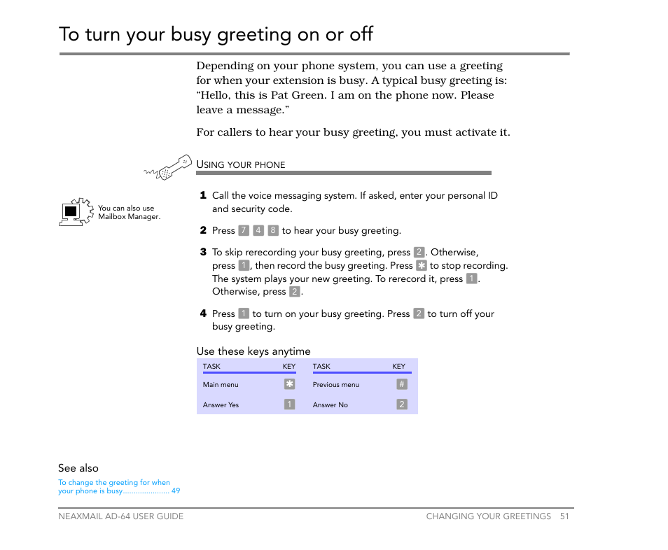To turn your busy greeting on or off | NEC NEAXMail AD-64 User Manual | Page 55 / 154