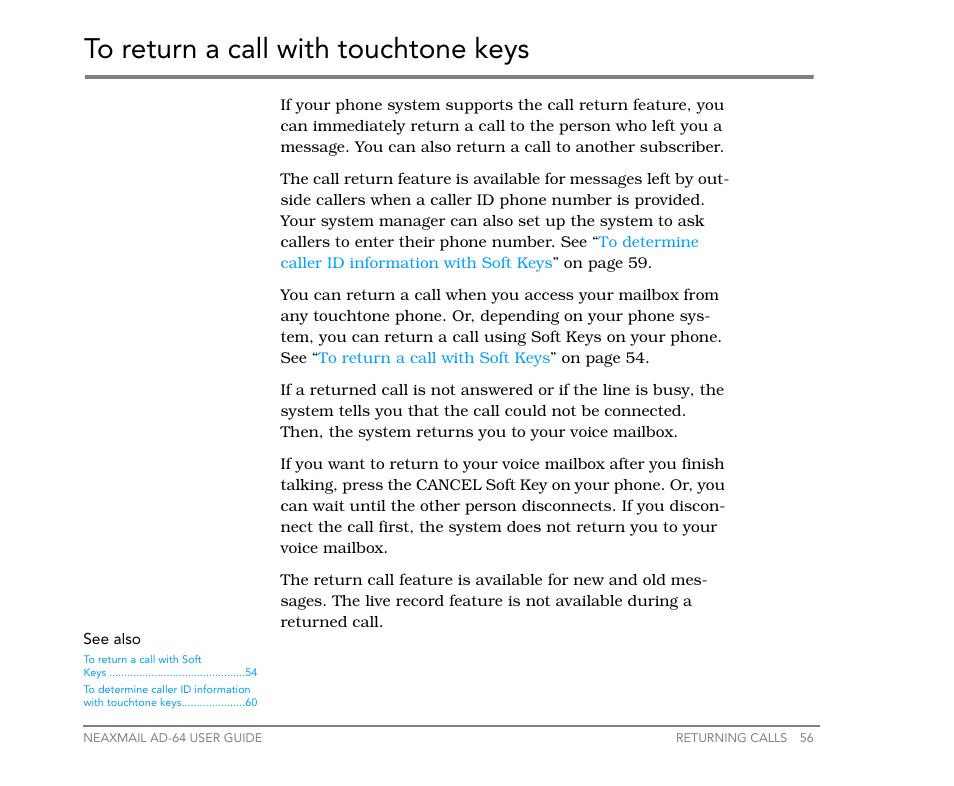 To return a call with touchtone keys | NEC NEAXMail AD-64 User Manual | Page 60 / 154