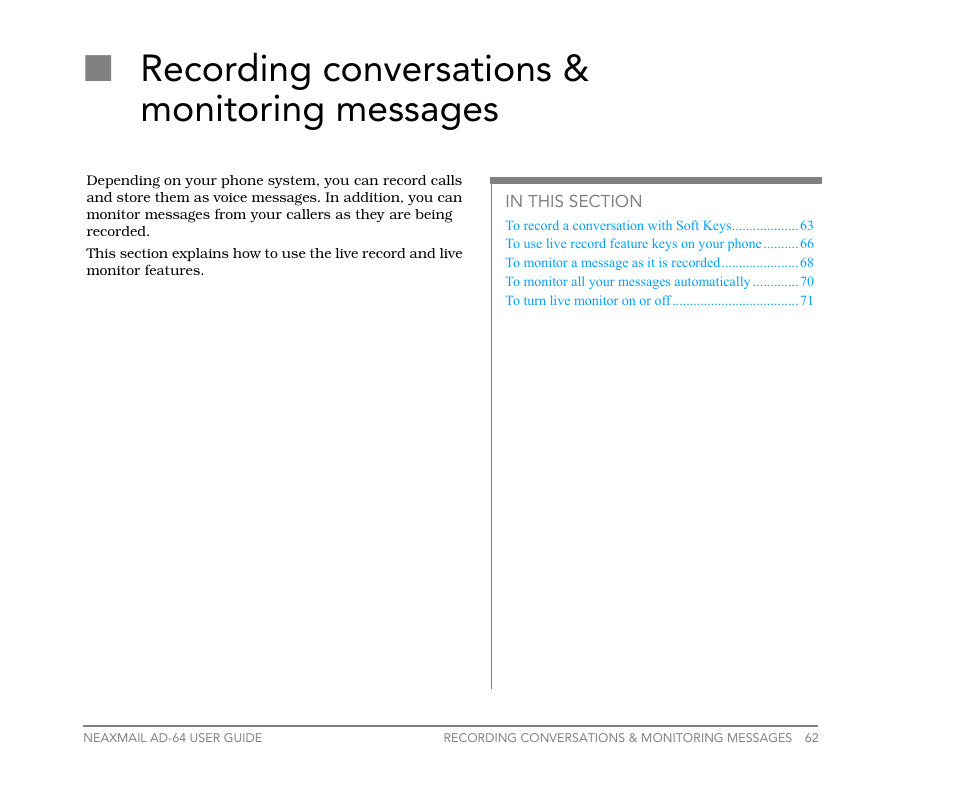 Recording conversations & monitoring messages, Nrecording conversations & monitoring messages | NEC NEAXMail AD-64 User Manual | Page 66 / 154