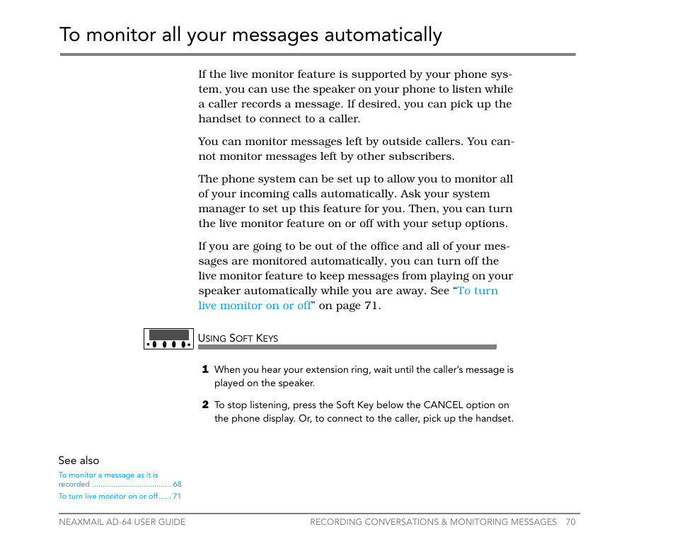 To monitor all your messages automatically | NEC NEAXMail AD-64 User Manual | Page 74 / 154