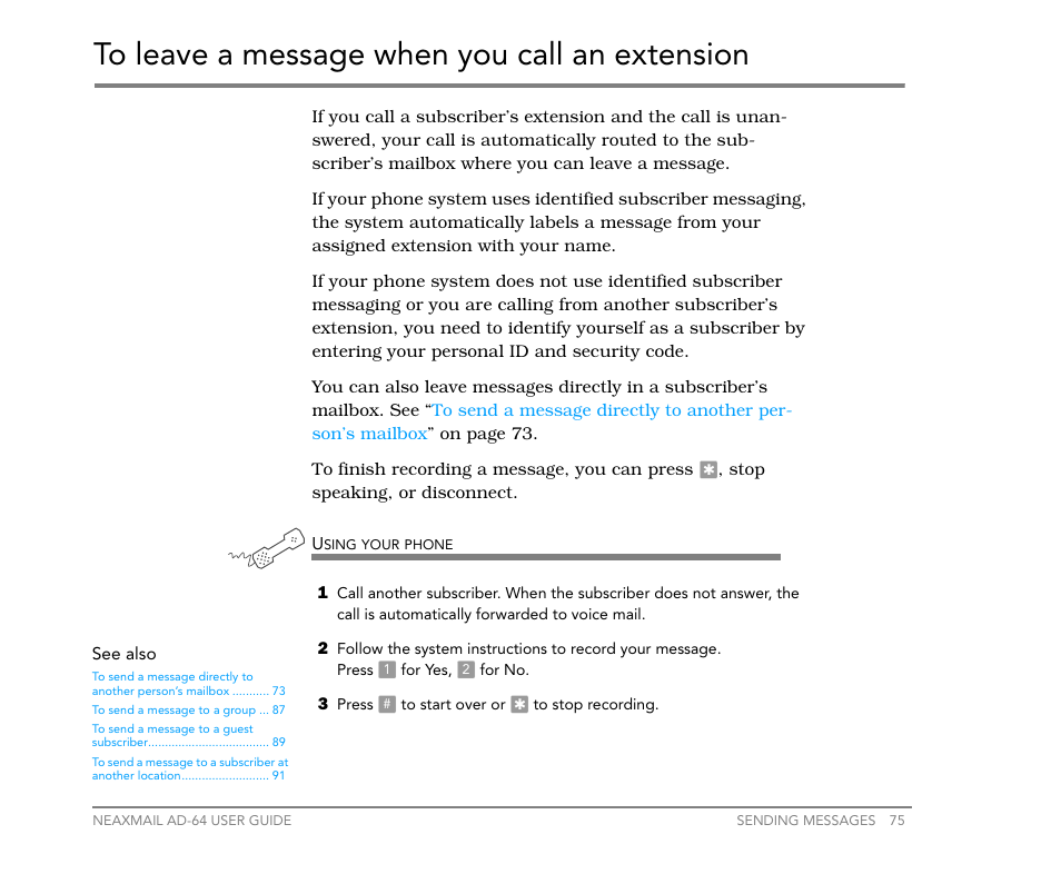To leave a message when you call an extension | NEC NEAXMail AD-64 User Manual | Page 79 / 154