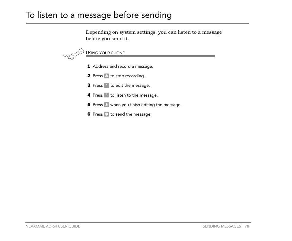 To listen to a message before sending | NEC NEAXMail AD-64 User Manual | Page 82 / 154
