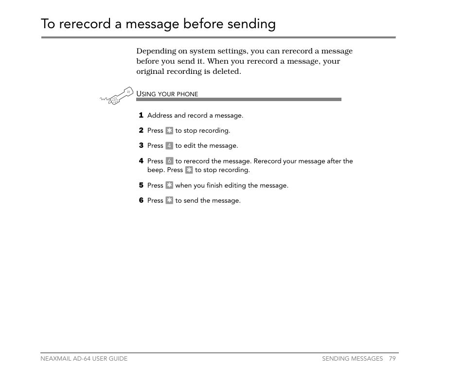 To rerecord a message before sending | NEC NEAXMail AD-64 User Manual | Page 83 / 154