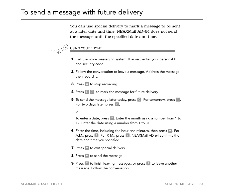 To send a message with future delivery | NEC NEAXMail AD-64 User Manual | Page 87 / 154