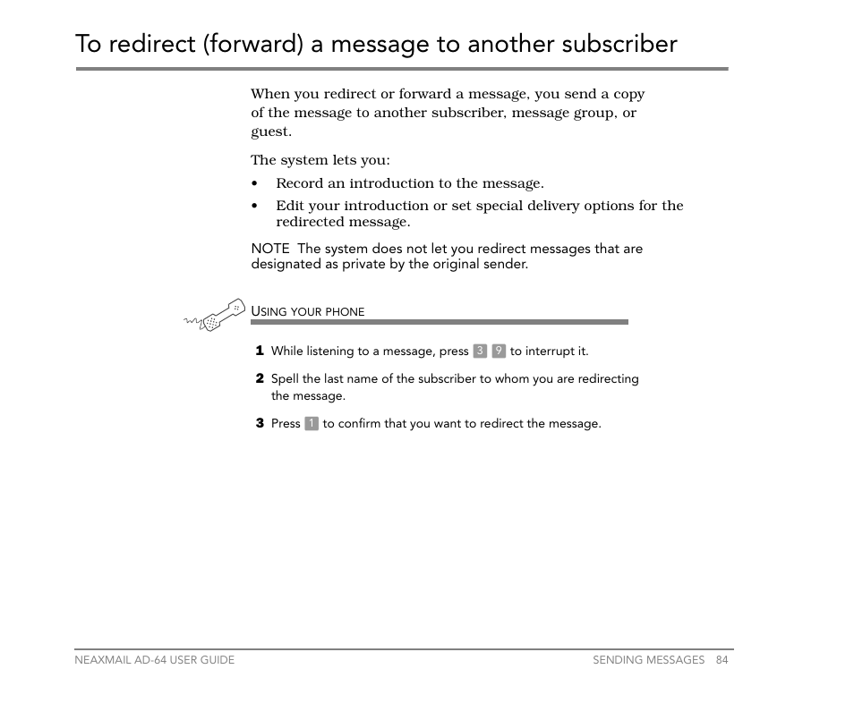 To redirect (forward) a message to another, Subscriber | NEC NEAXMail AD-64 User Manual | Page 88 / 154