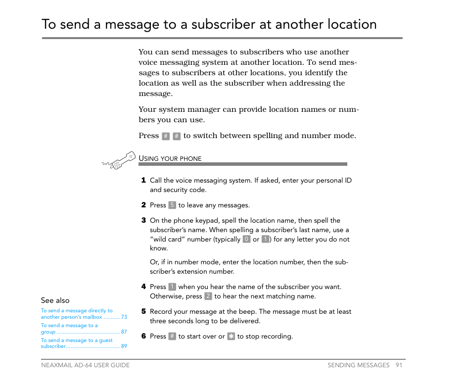 To send a message to a subscriber at another, Location | NEC NEAXMail AD-64 User Manual | Page 95 / 154