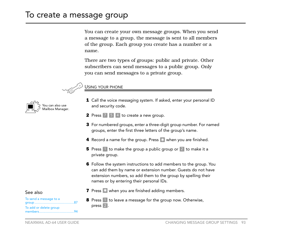 To create a message group | NEC NEAXMail AD-64 User Manual | Page 97 / 154