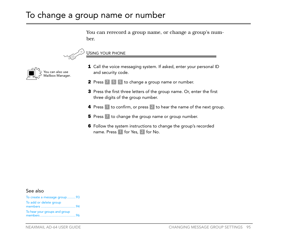 To change a group name or number | NEC NEAXMail AD-64 User Manual | Page 99 / 154