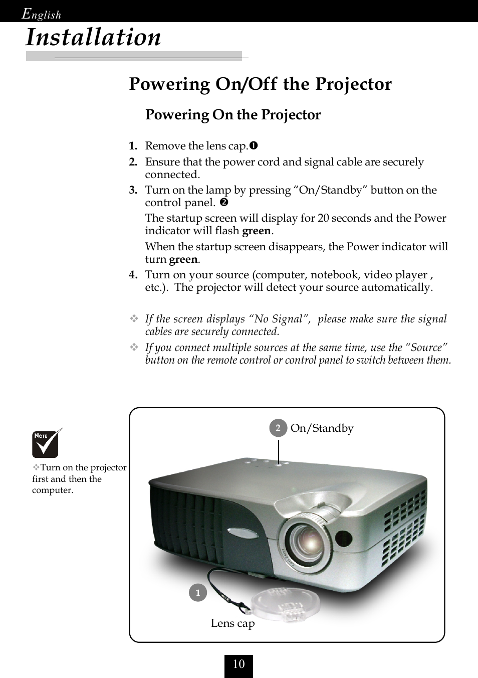 Installation, Powering on/off the projector, Powering on the projector | NEC LT10 User Manual | Page 12 / 36