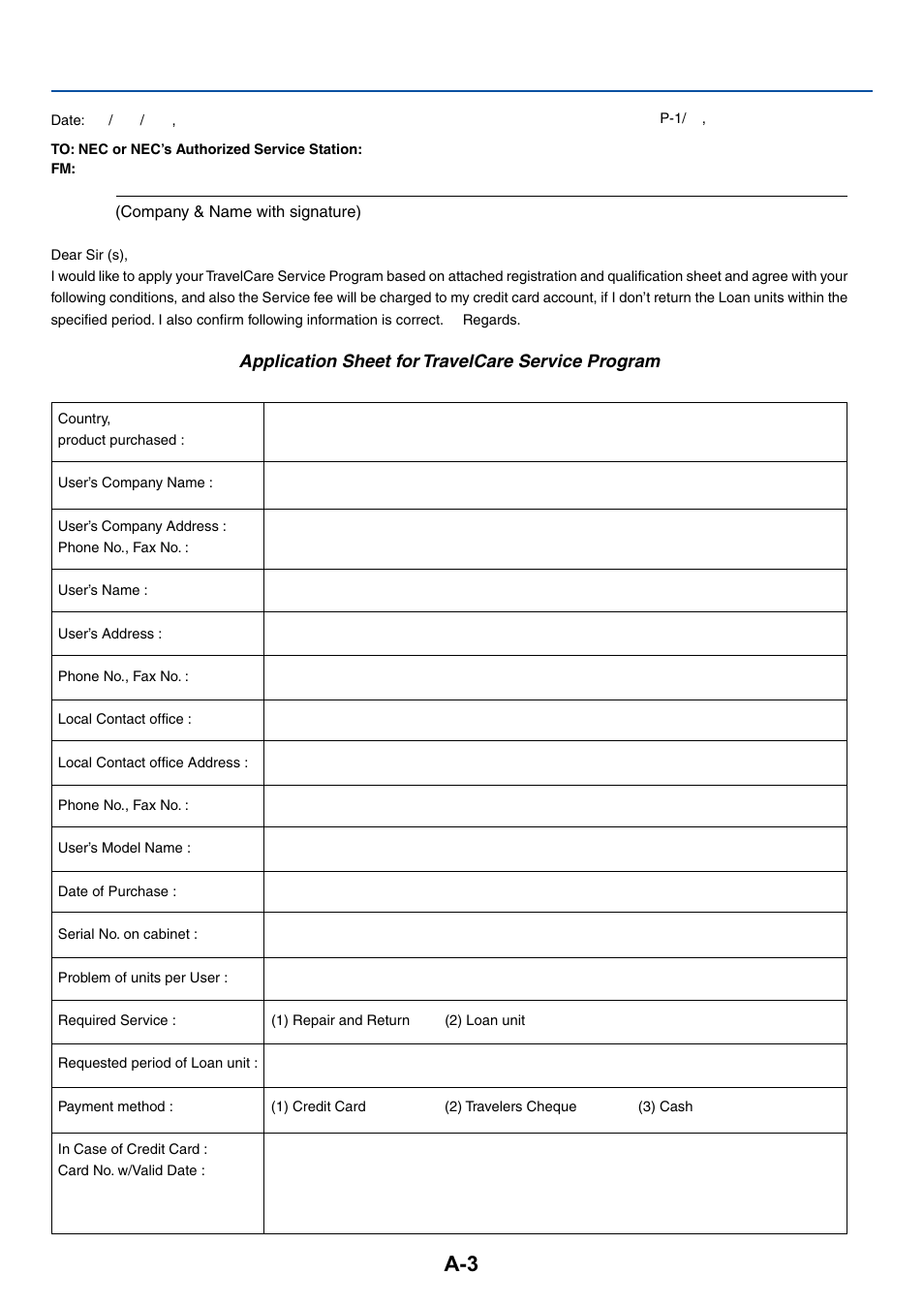 Application sheet for travelcare service program | NEC LT10 User Manual | Page 35 / 36