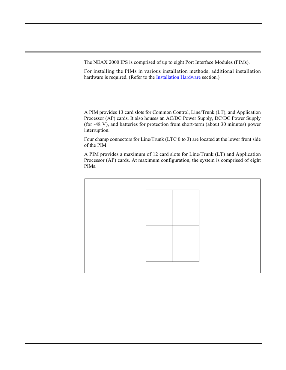 Chapter 3 module and installation hardware, Modules, Port interface module (pim) | Chapter 3, Module and installation hardware, Figure 3-1, Unit configuration | NEC NEAX 2000 IPS User Manual | Page 35 / 96