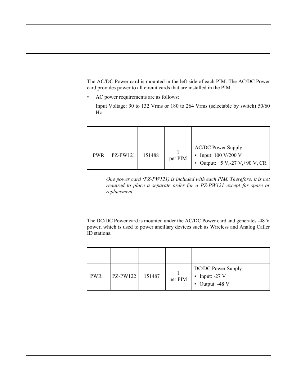 Chapter 5 system power supply, Ac/dc power supply, Dc/dc power supply | Chapter 5, System power supply, Table 5-1, Ac/dc power card, Table 5-2, Dc/dc (-48 v) power card | NEC NEAX 2000 IPS User Manual | Page 63 / 96