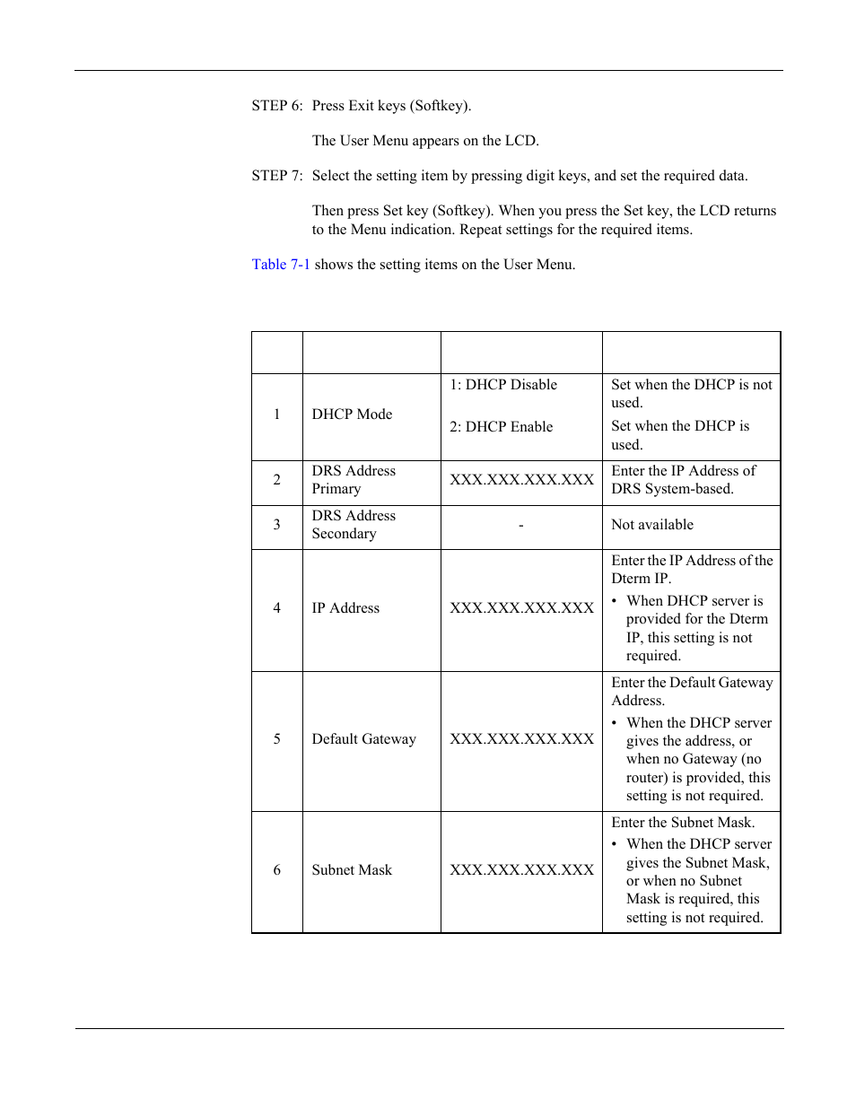 Table 7-1, User menu items | NEC NEAX 2000 IPS User Manual | Page 82 / 96