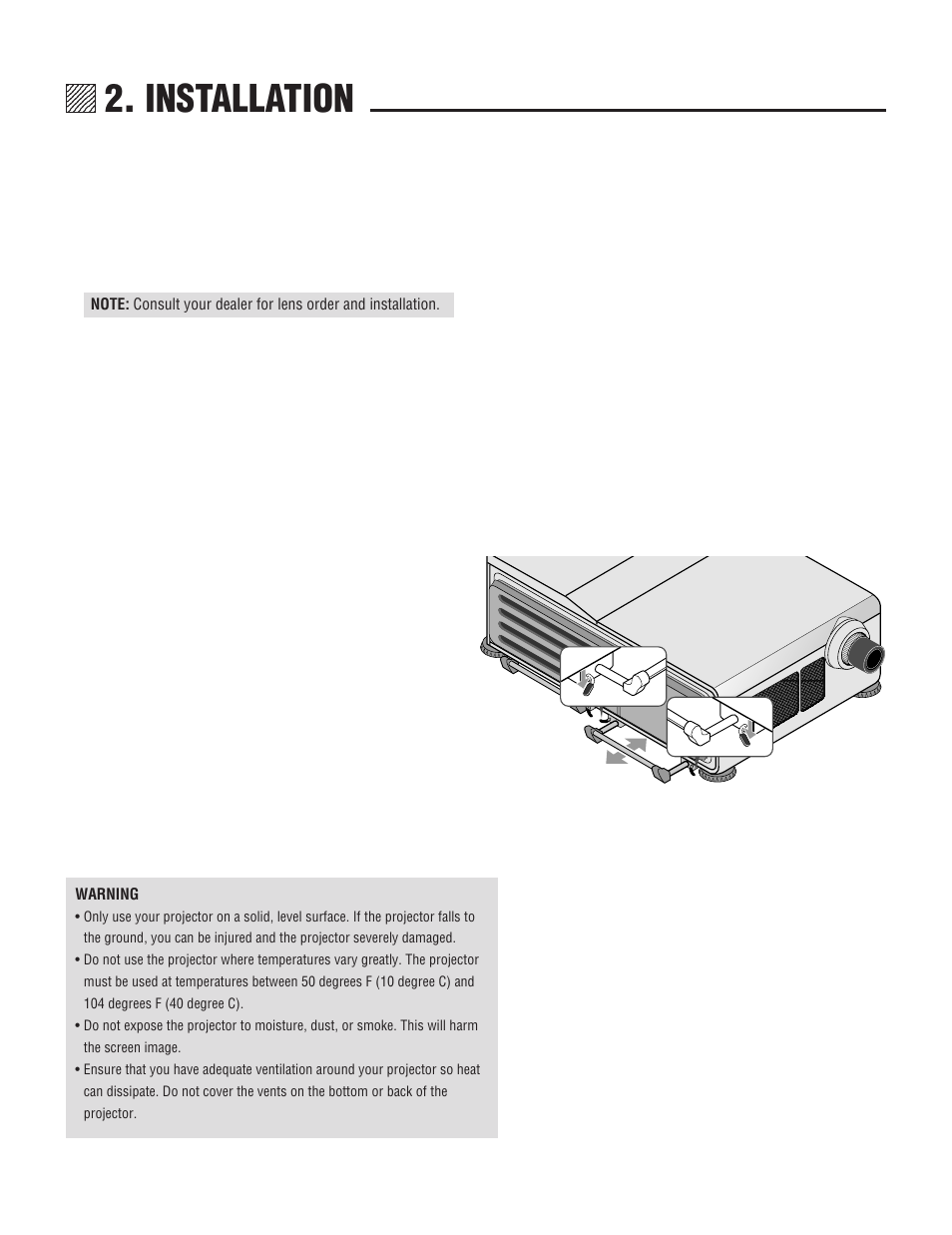 Installation, Selecting a location, Pulling out the handles | Retracting the handles, Setting up your multisync hivid 6500 projector, Moving the projector | NEC XL-6500 User Manual | Page 16 / 82