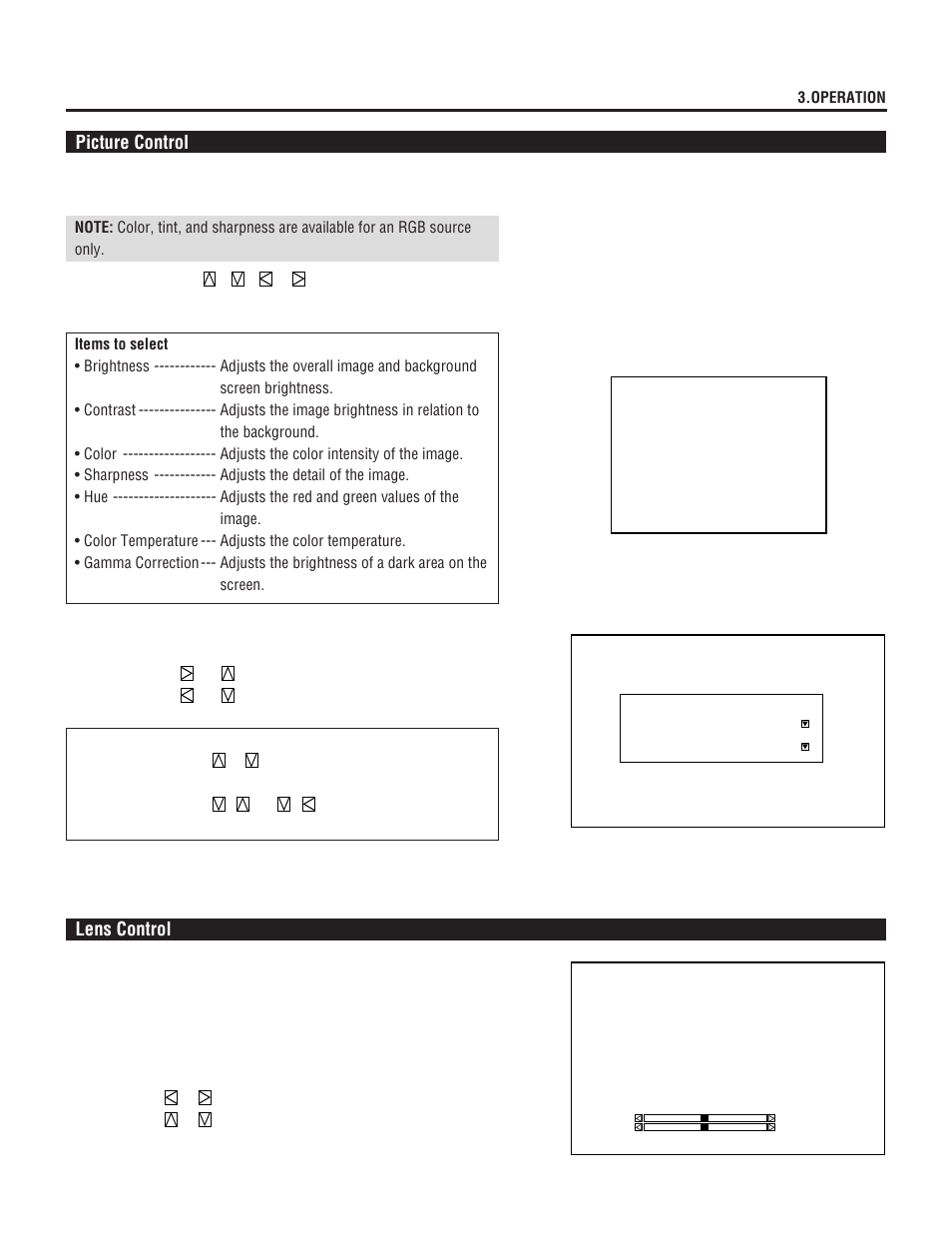 Picture control, Lens control | NEC XL-6500 User Manual | Page 37 / 82
