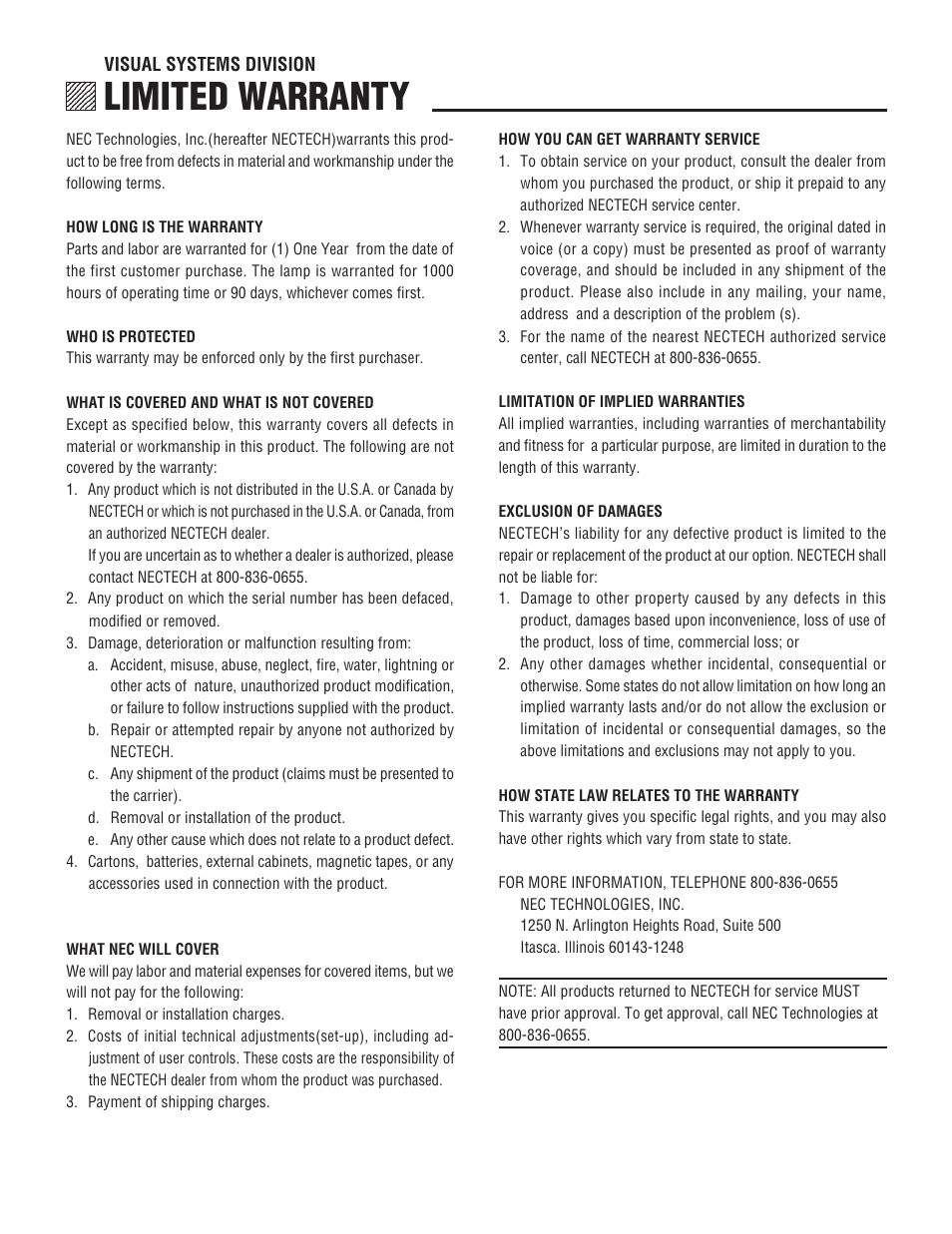 Limited warranty | NEC XL-6500 User Manual | Page 5 / 82