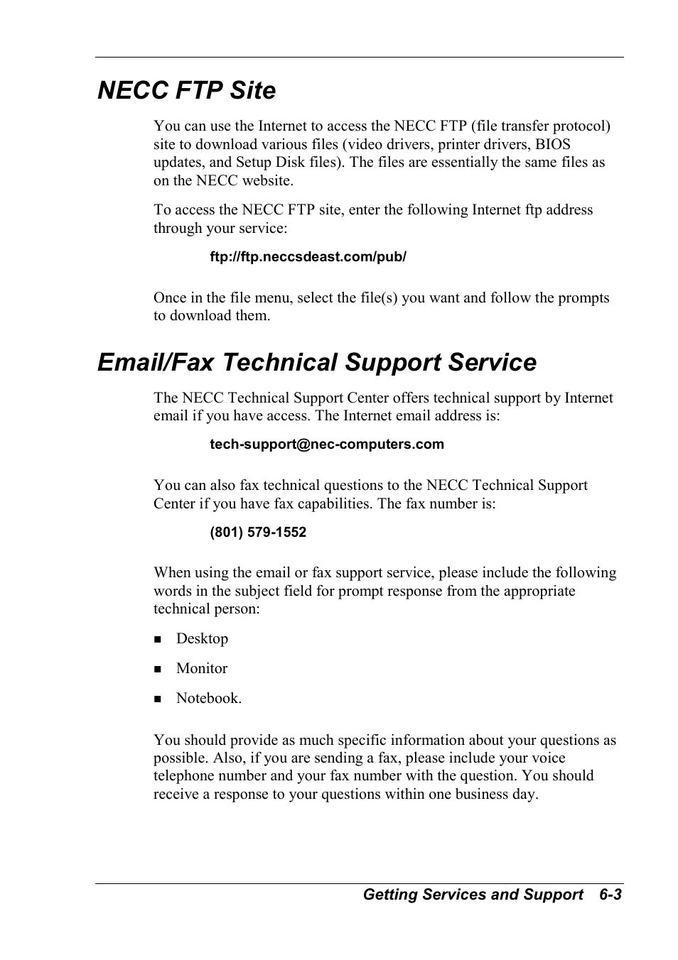Necc ftp site, Email/fax technical support service | NEC 2000 User Manual | Page 102 / 137
