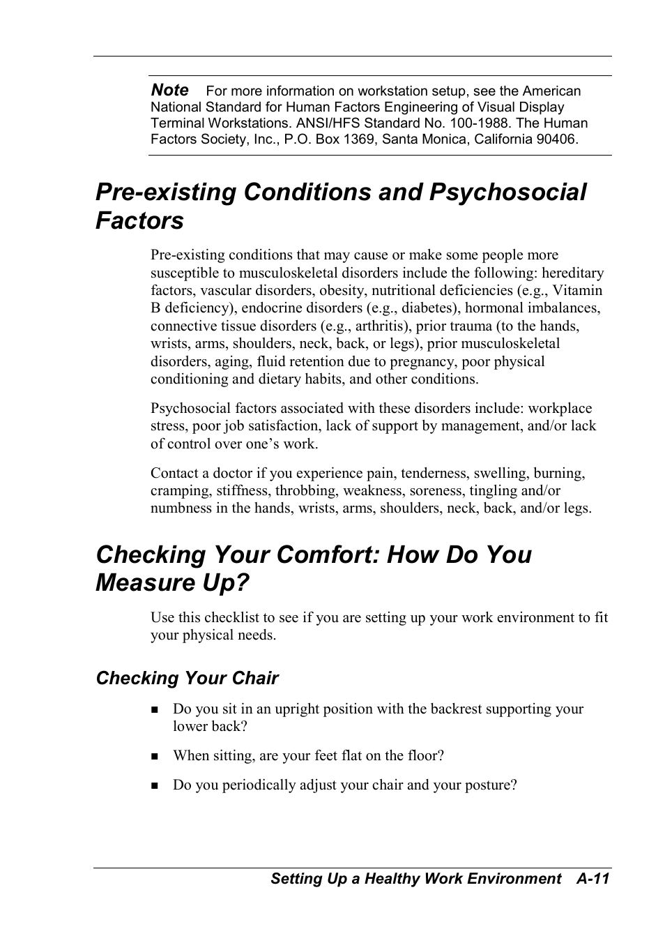 Pre-existing conditions and psychosocial factors, Checking your comfort: how do you measure up, Checking your chair | NEC 2000 User Manual | Page 114 / 137