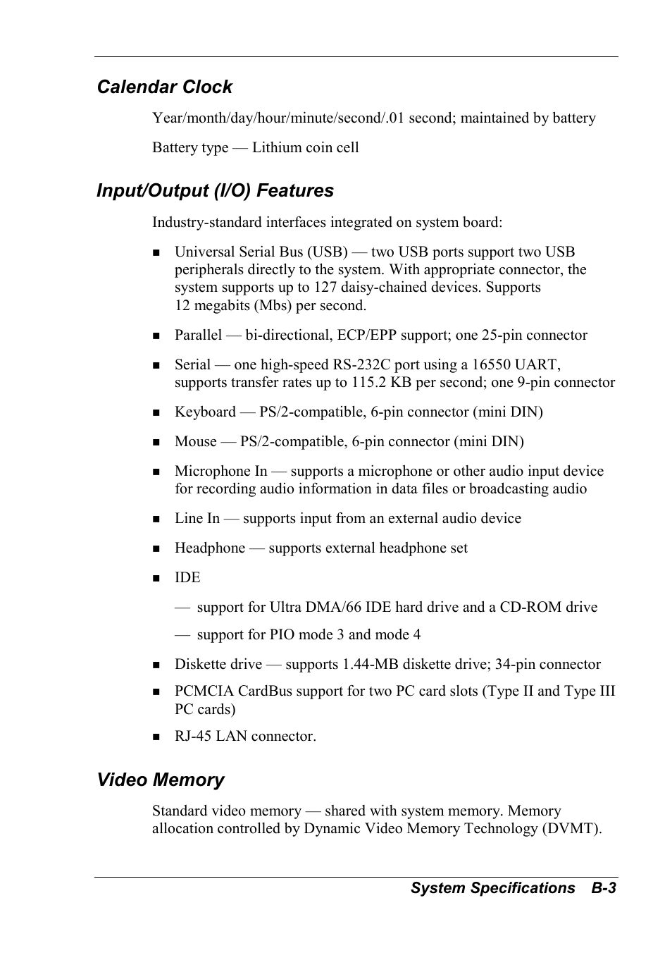 Calendar clock, Input/output (i/o) features, Video memory | NEC 2000 User Manual | Page 119 / 137