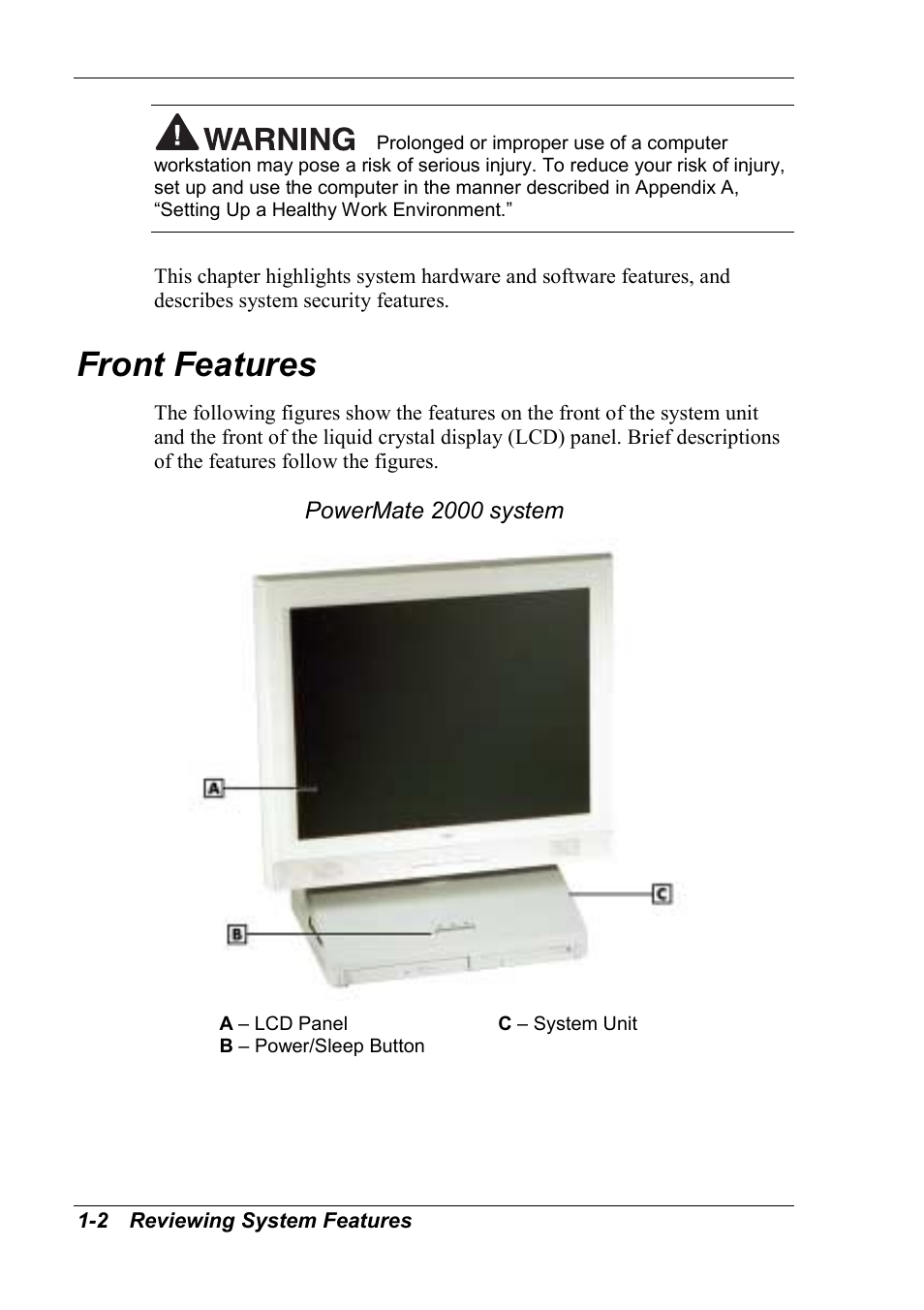 Front features | NEC 2000 User Manual | Page 12 / 137