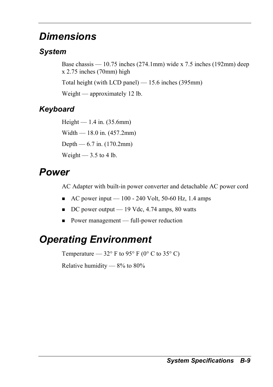 Dimensions, System, Keyboard | Power, Operating environment | NEC 2000 User Manual | Page 125 / 137