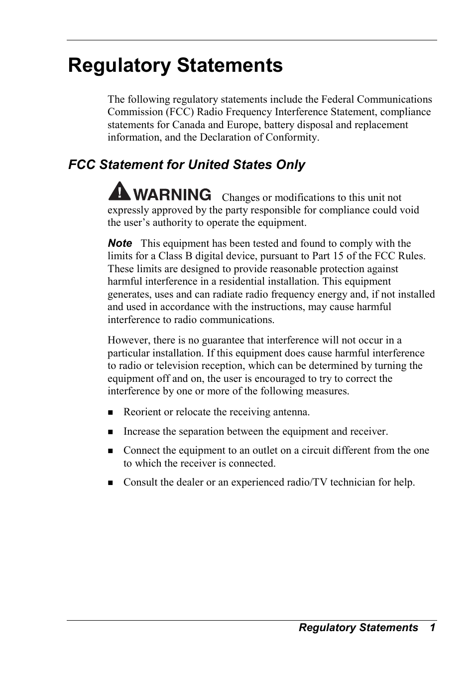 Regulatory statements, Fcc statement for united states only | NEC 2000 User Manual | Page 133 / 137