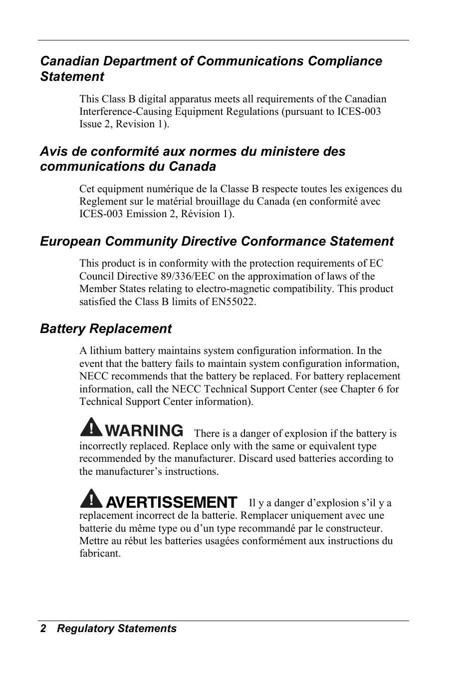 European community directive conformance statement, Battery replacement | NEC 2000 User Manual | Page 134 / 137