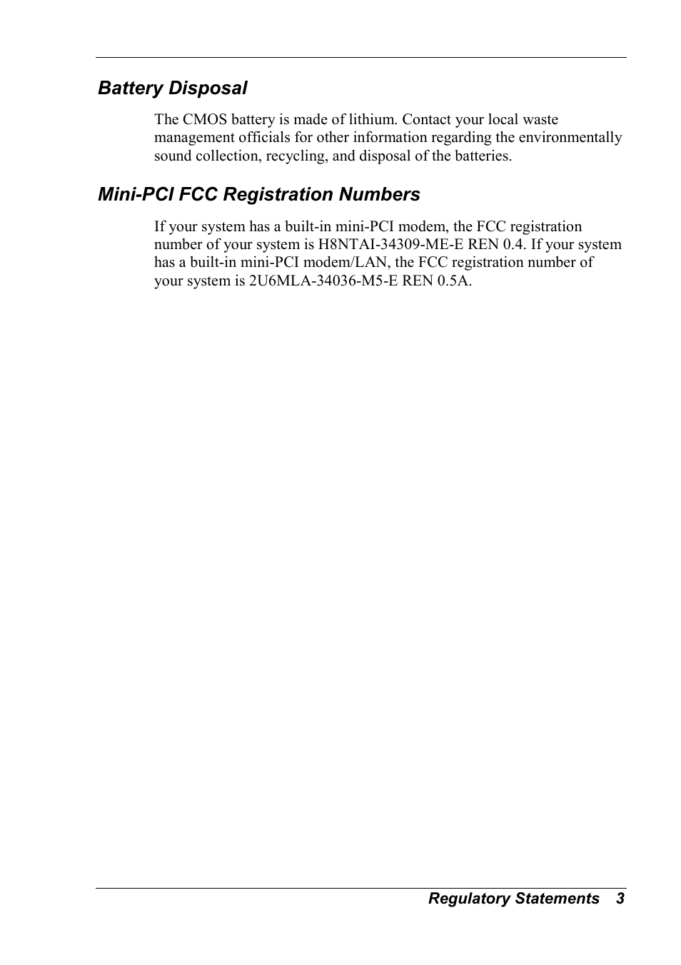 Battery disposal, Mini-pci fcc registration numbers | NEC 2000 User Manual | Page 135 / 137