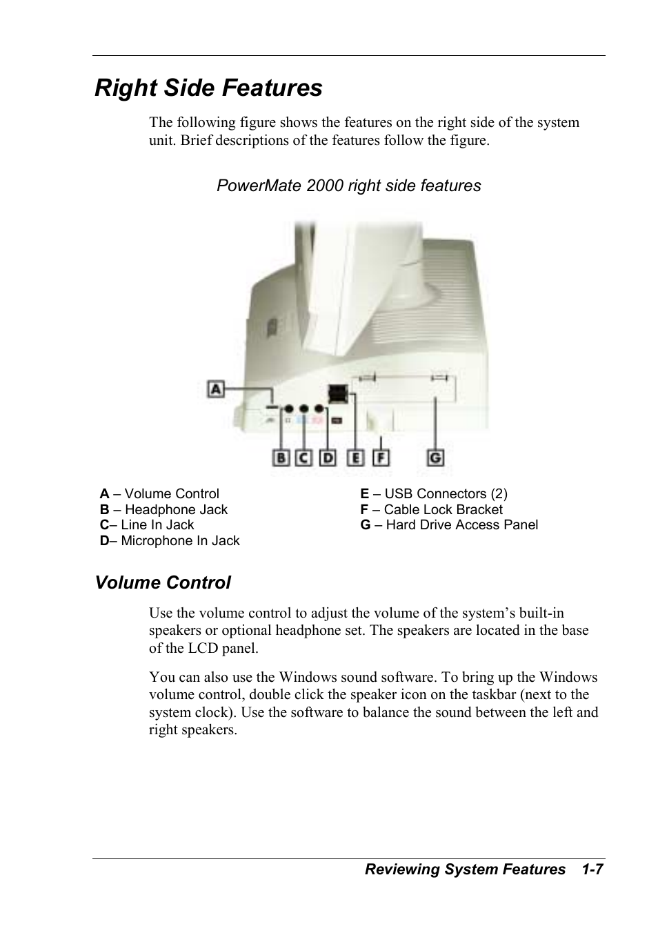 Right side features, Volume control | NEC 2000 User Manual | Page 17 / 137