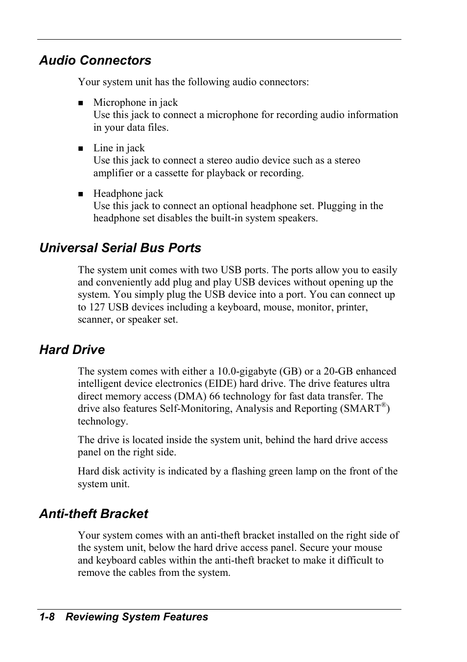 Audio connectors, Universal serial bus ports, Hard drive | Anti-theft bracket | NEC 2000 User Manual | Page 18 / 137