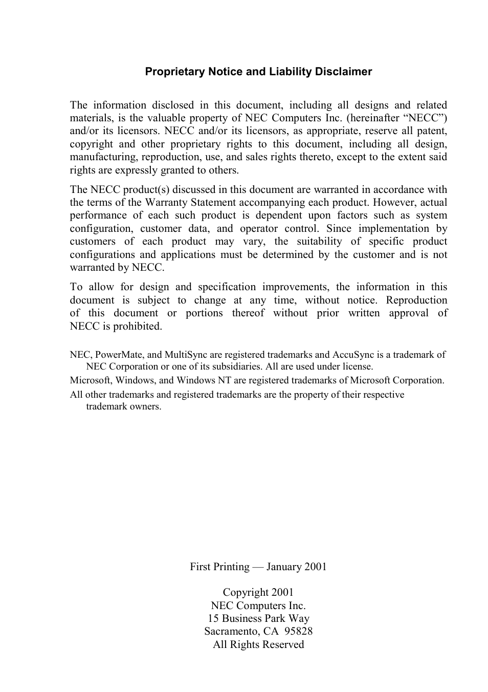 Proprietary notice | NEC 2000 User Manual | Page 2 / 137