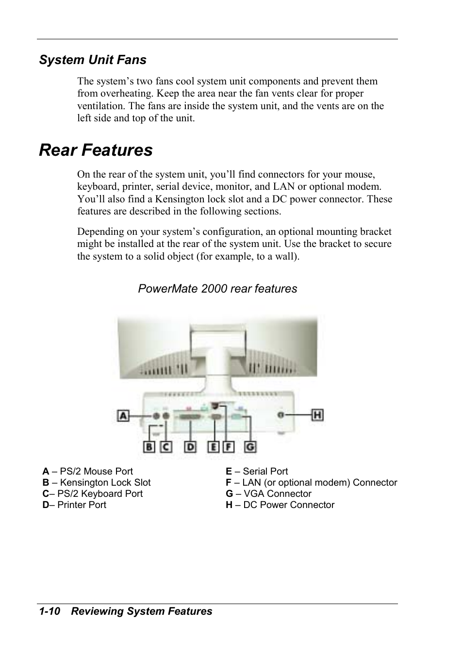 System unit fans, Rear features | NEC 2000 User Manual | Page 20 / 137