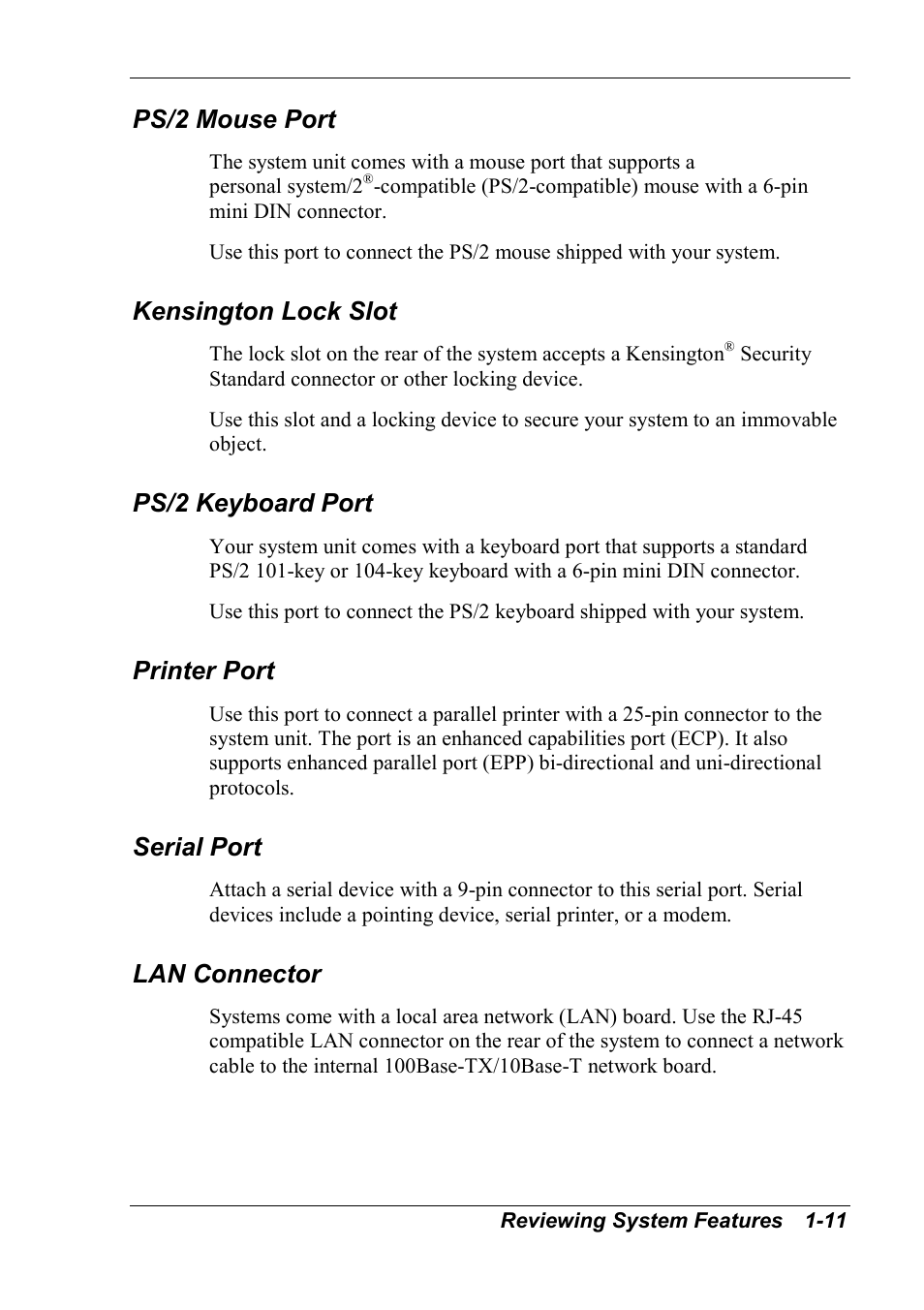 Ps/2 mouse port, Kensington lock slot, Ps/2 keyboard port | Printer port, Serial port, Lan connector | NEC 2000 User Manual | Page 21 / 137