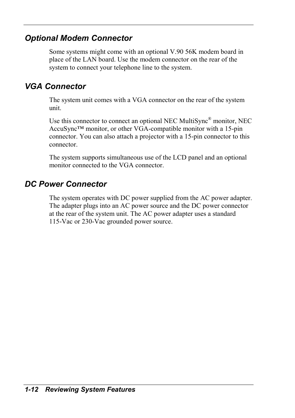 Optional modem connector, Vga connector, Dc power connector | NEC 2000 User Manual | Page 22 / 137