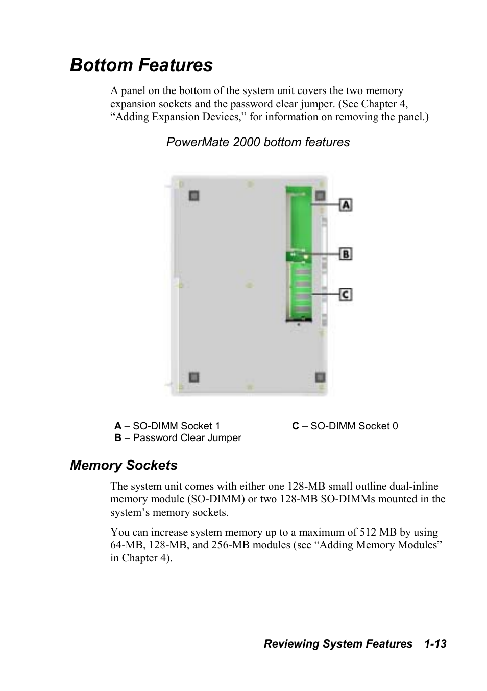 Bottom features, Memory sockets | NEC 2000 User Manual | Page 23 / 137