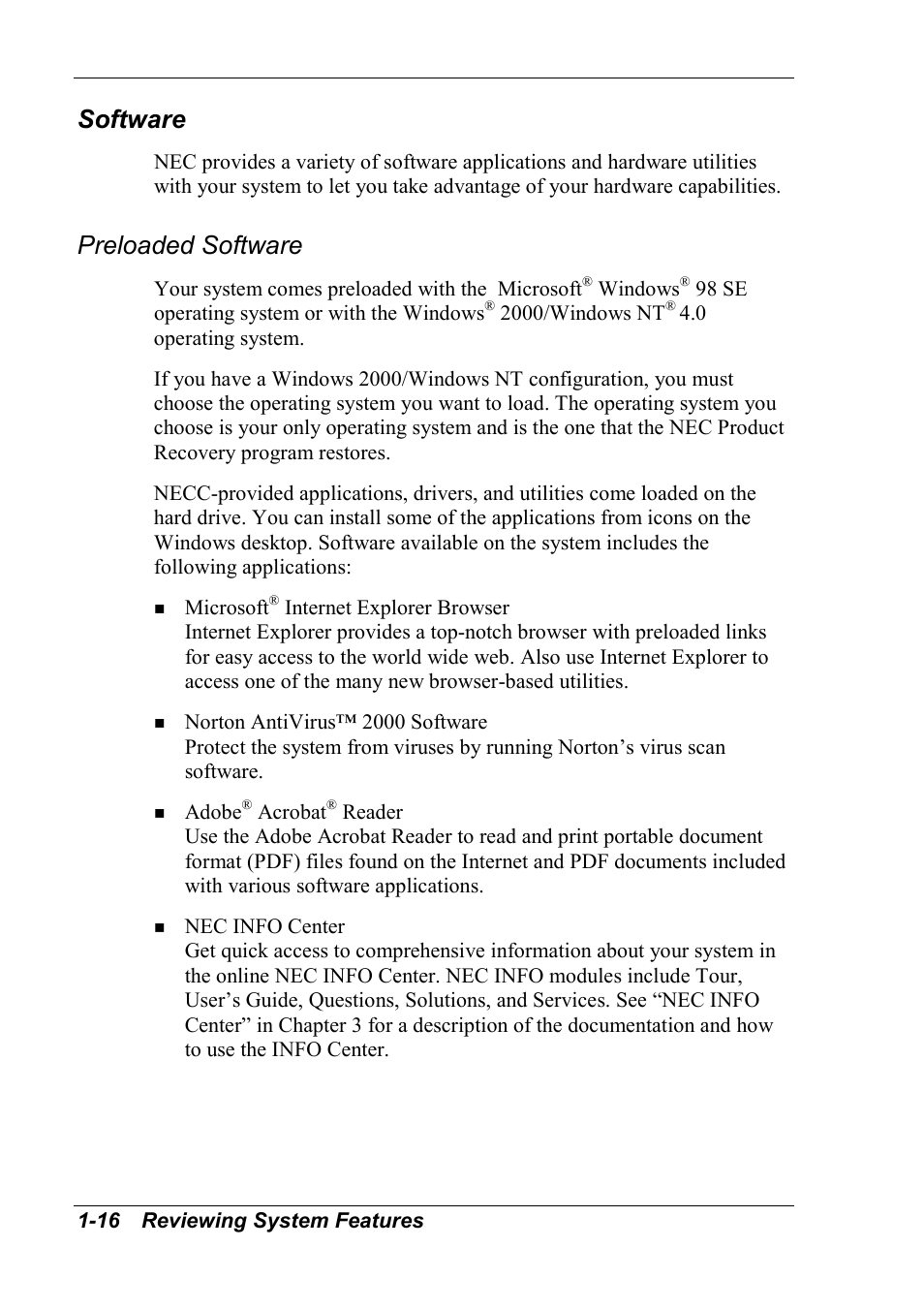 Software, Preloaded software | NEC 2000 User Manual | Page 26 / 137