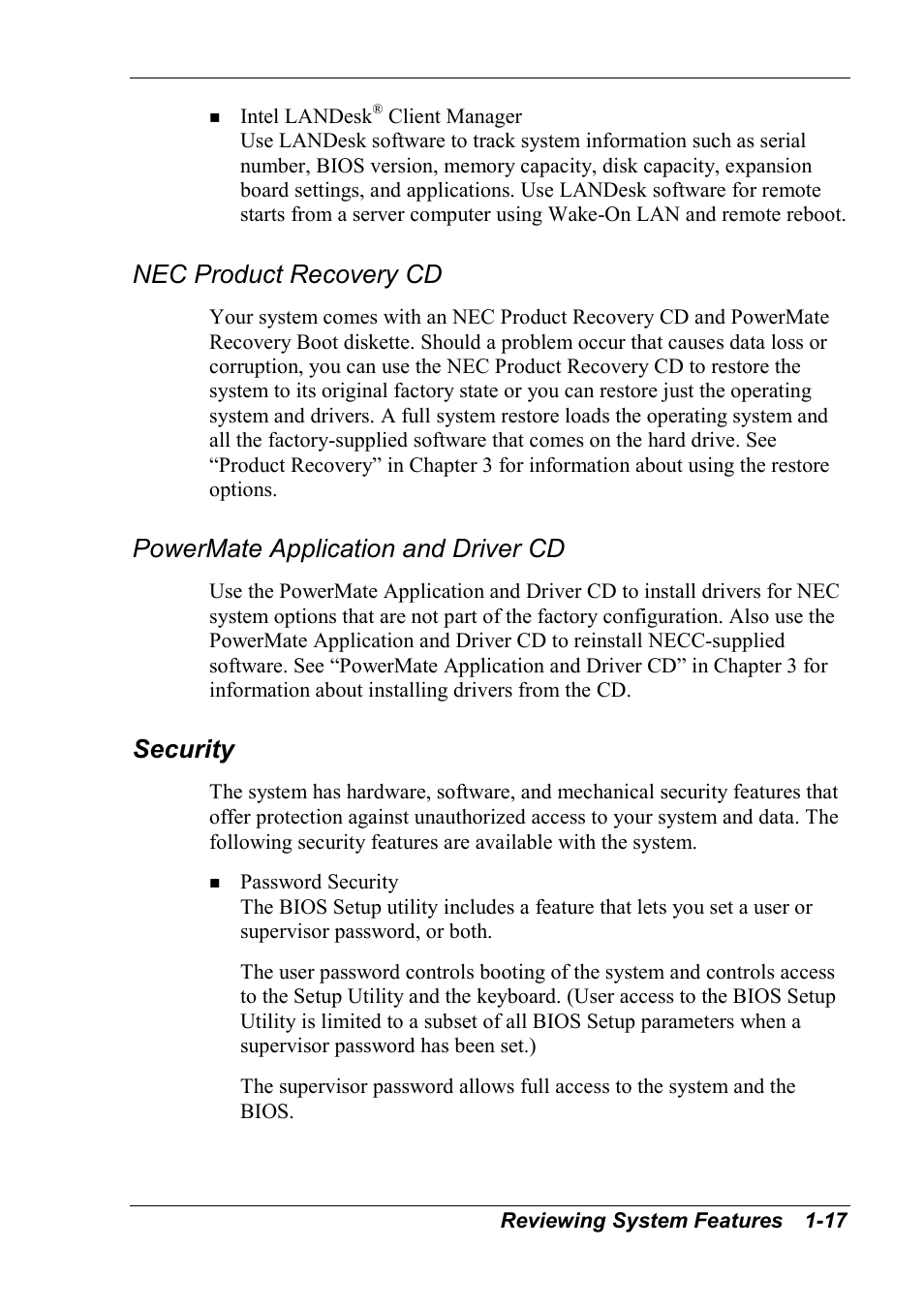 Nec product recovery cd, Powermate application and driver cd, Security | NEC 2000 User Manual | Page 27 / 137