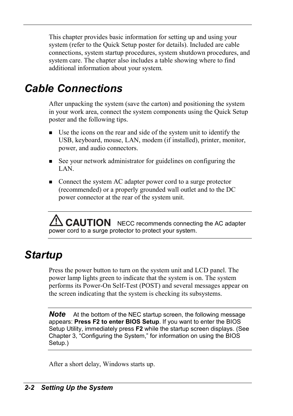 Cable connections, Startup | NEC 2000 User Manual | Page 30 / 137