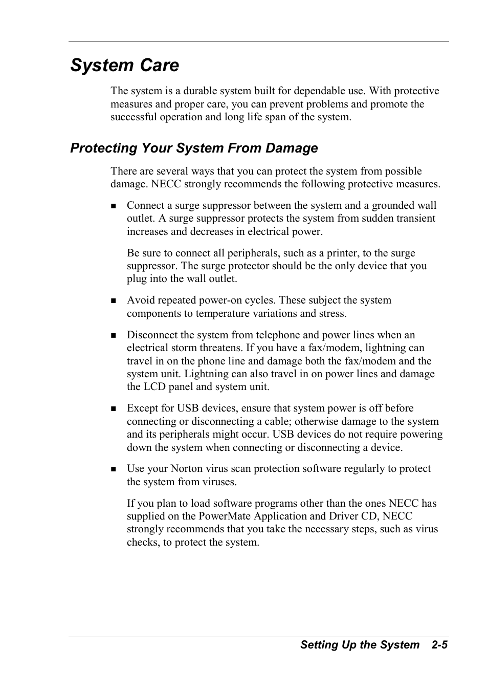 System care, Protecting your system from damage | NEC 2000 User Manual | Page 33 / 137
