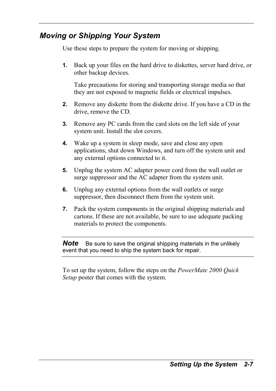 Moving or shipping your system | NEC 2000 User Manual | Page 35 / 137