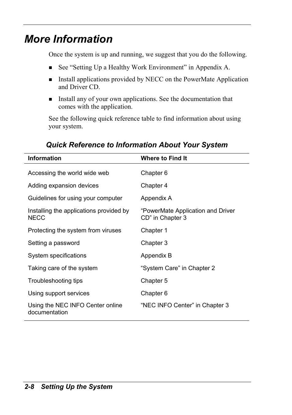 More information, Quick reference to information about your system | NEC 2000 User Manual | Page 36 / 137