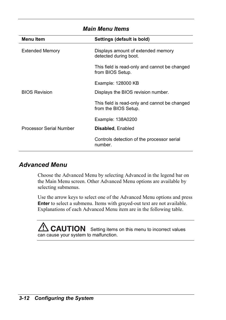 Advanced menu, Main menu items | NEC 2000 User Manual | Page 48 / 137