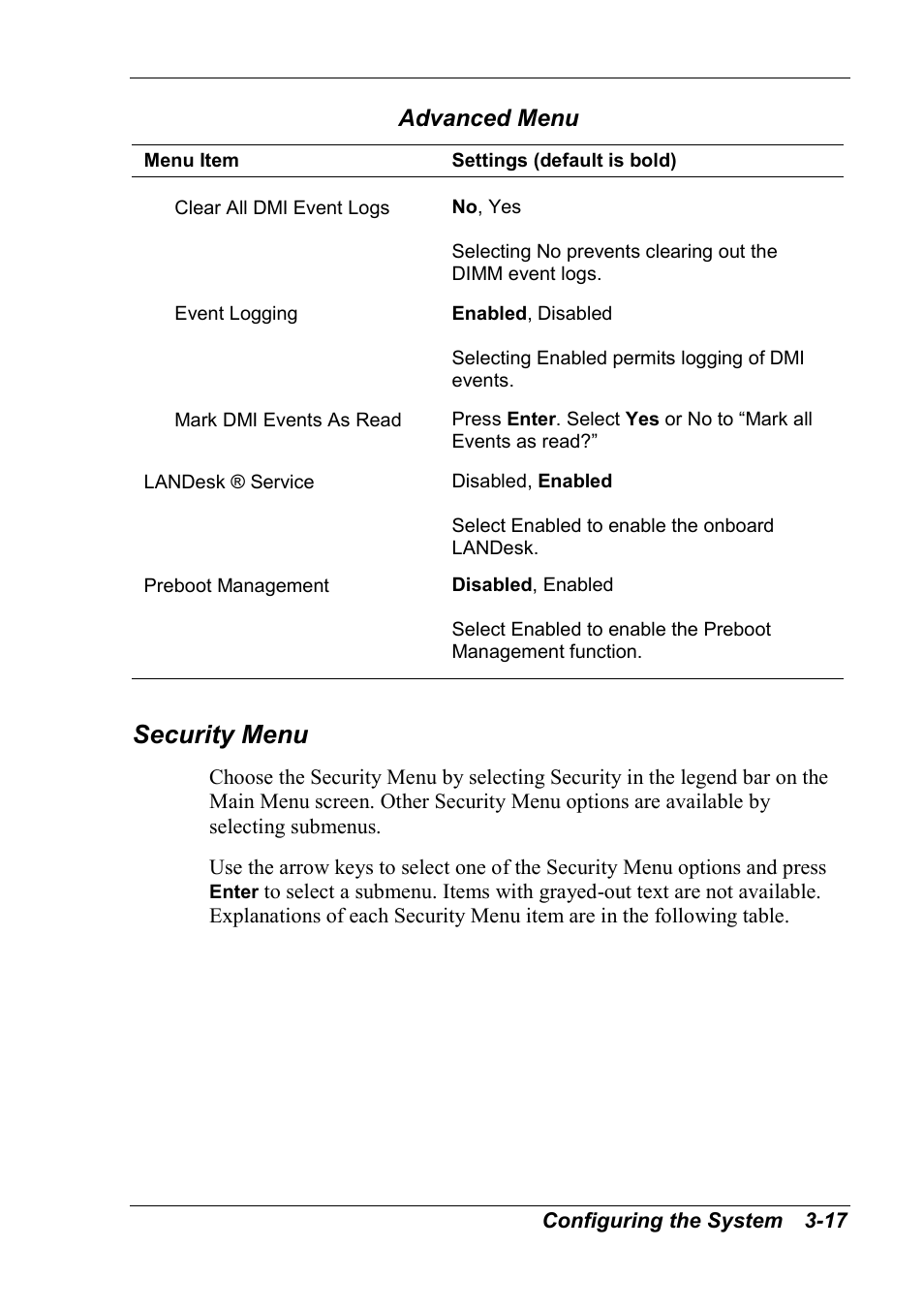 Security menu, Advanced menu | NEC 2000 User Manual | Page 53 / 137